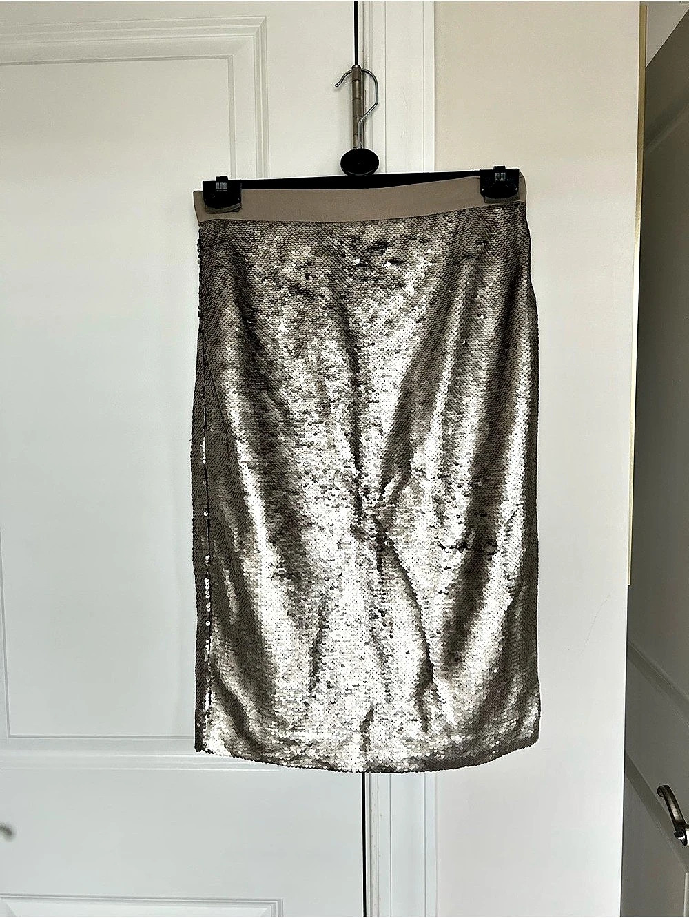 Banana Republic Silver Sequin Pencil Skirt Midi Skirt Size 6
